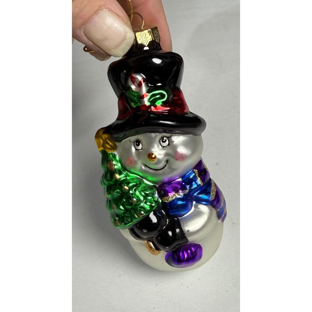 Sparkling Snowman Christmas Ornament with Top Hat and Tree Glass Hanging Decor